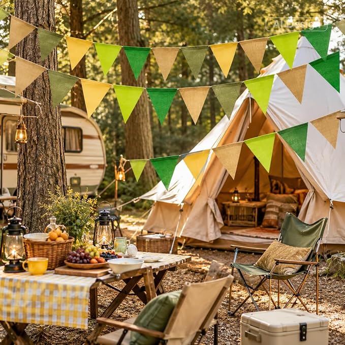 G2PLUS Pre-Strung Burlap Pennant Banner, 65Ft Sage Green and Yellow Triangle - Image 4