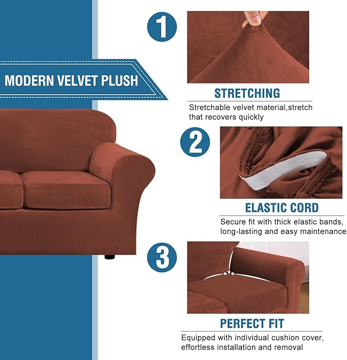 H.VERSAILTEX Modern Velvet Plush 4 Piece High Stretch Sofa Slipcover Cover - Image 3