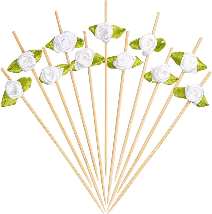 Minisland White Rose Flower Cocktail Picks, 4.7 Inch Long Bamboo Fancy by Minisland