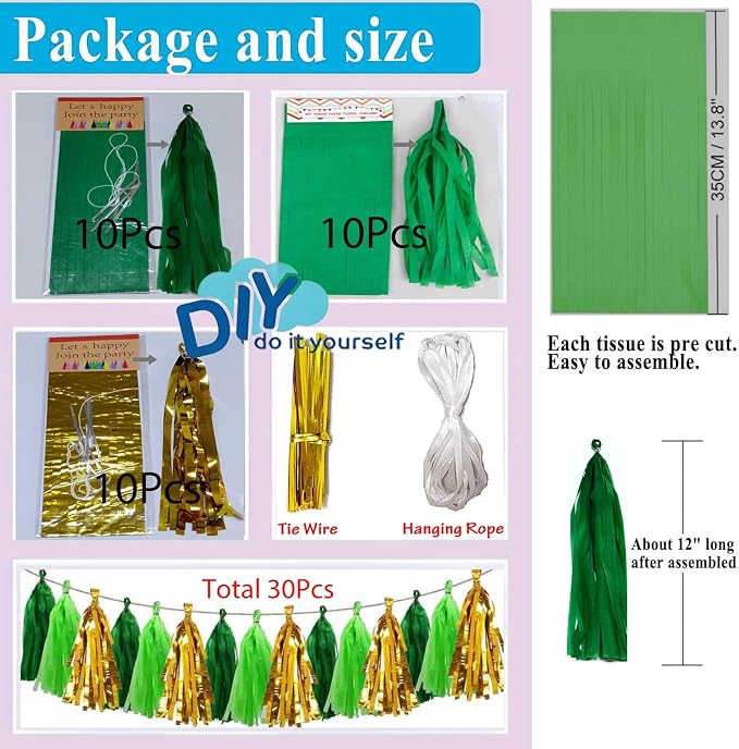 Green and Metallic Gold Tassel 30Pcs Tissue Paper Tassels Garland DIY Hanging - Image 2