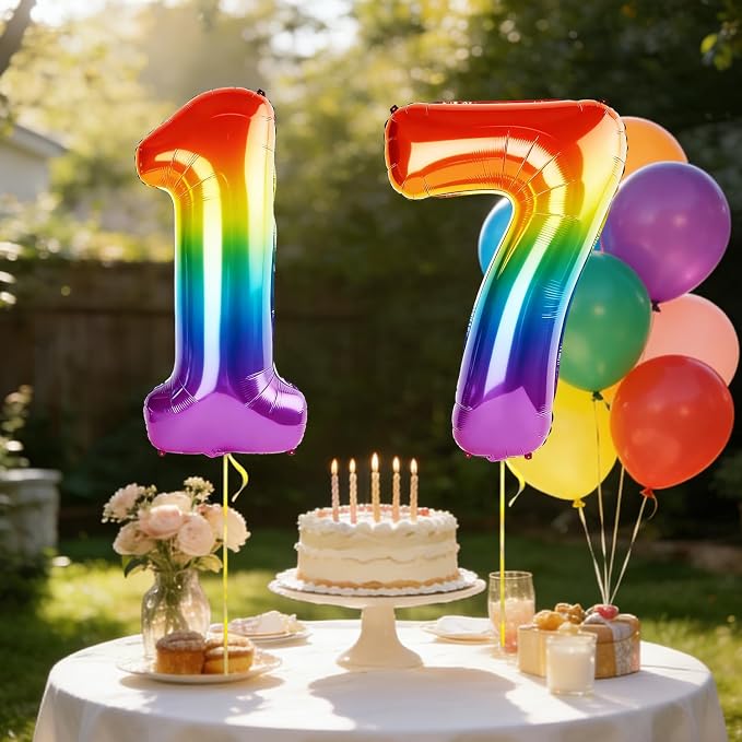 40 Inch Number 17 Balloons for 17th Birthday Party Decorations, 0-100 Rainbow - Image 3