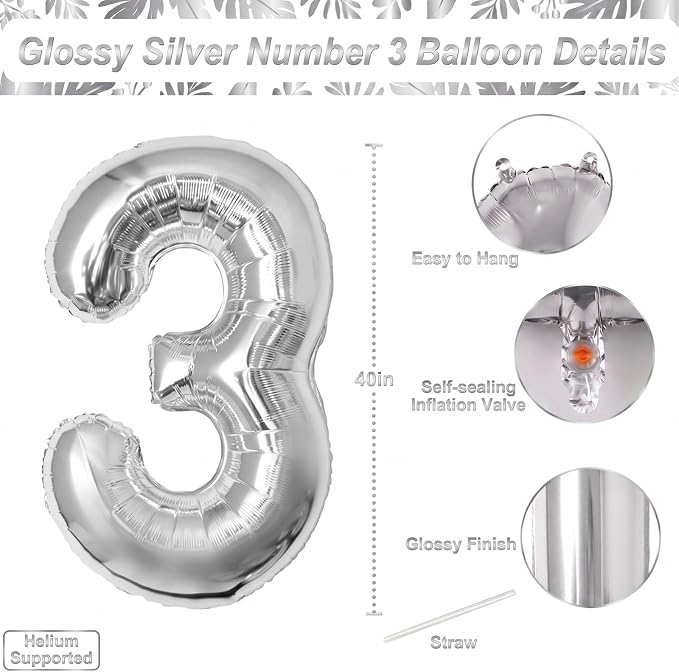 Silver Number 3 Balloon 40 Inch, Chic Silver Foil - Image 4