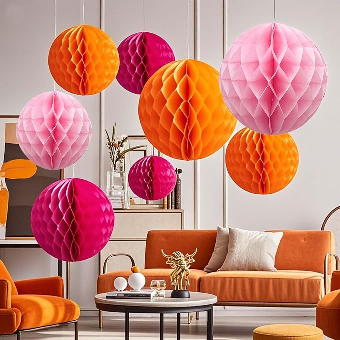 Orange and Pink Paper Honeycomb Flower Balls-12 Pcs 6" 10" Tissue Pompoms They - Image 5