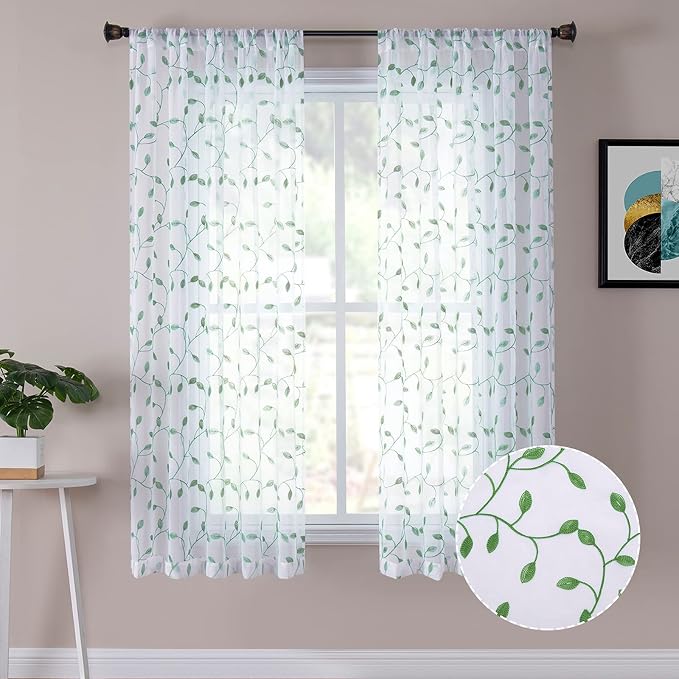 Tollpiz Leaves Short Sheer Curtain Green Leaf Embroidery Bedroom Curtains Rod by Tollpiz