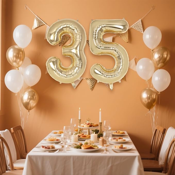 Champagne Large Number 35 Balloon, 40 Inch Light Gold Foil Helium Number - Image 3