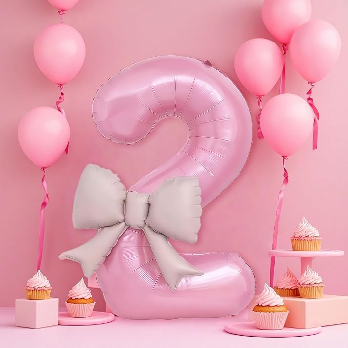 Bow Pink 2 Balloons, 40 Inch Giant Pink Bow Helium Foil Number 2 - Image 3