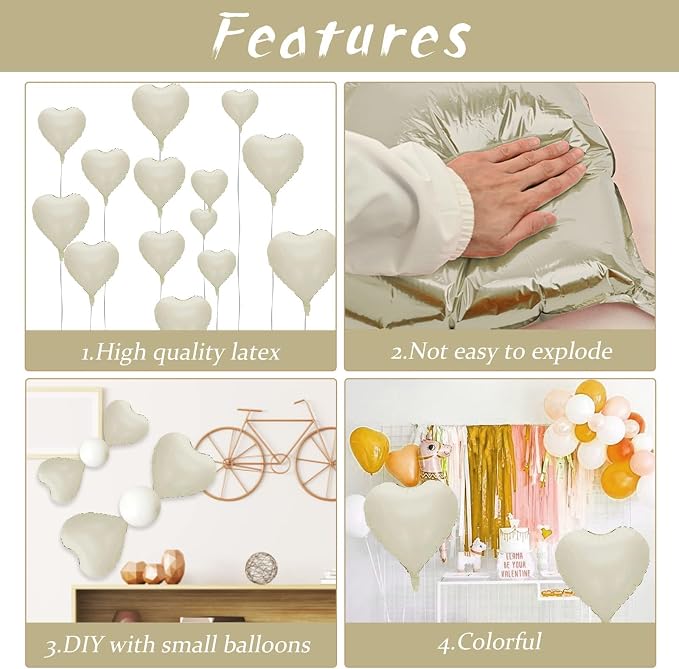 Cream Heart Balloons, 18inch Beige Foil Valentine Balloons - Image 3