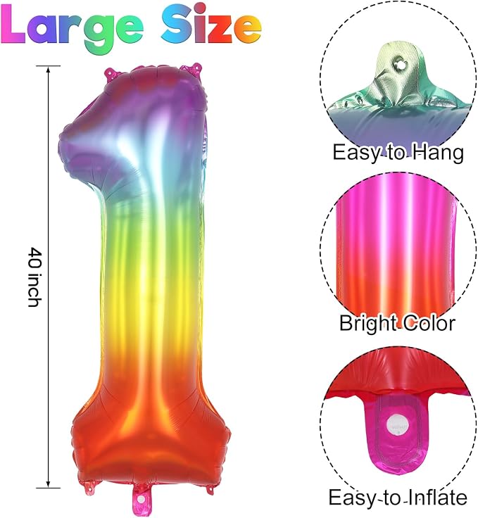 Rainbow Number 1 Balloon 40 Inch, Big Large Foil Number Balloons, Gradient - Image 3