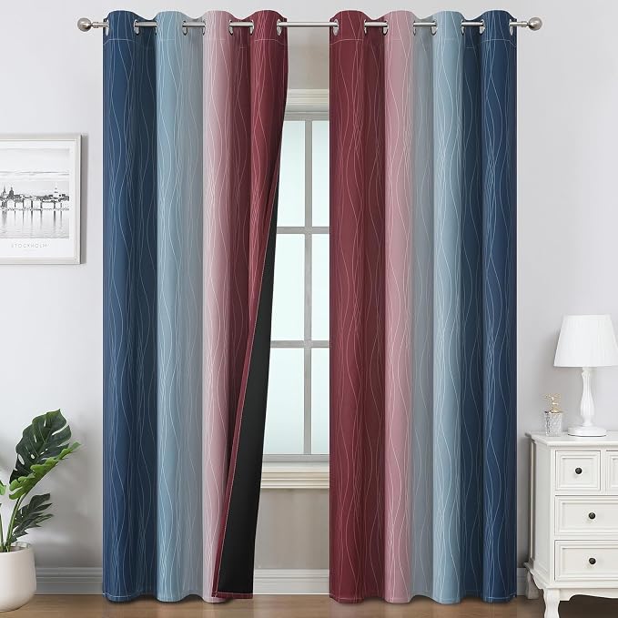 Navy Blue and Burgundy Red Ombre Blackout Curtains 96 Inch Length 2 Panels by ESTELARTEXTILER