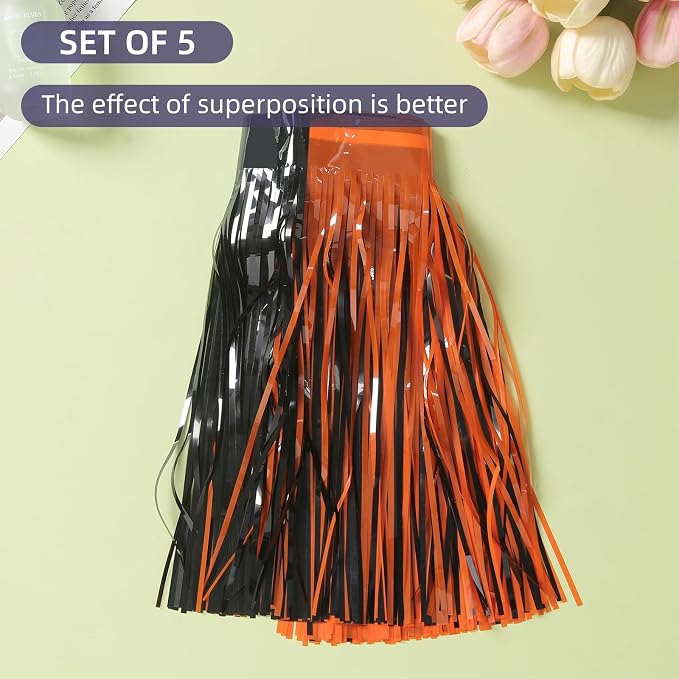5 Pack 10 Feet Black Orange Foil Fringe Garland Tinsel Parade Float Fringe - Image 2
