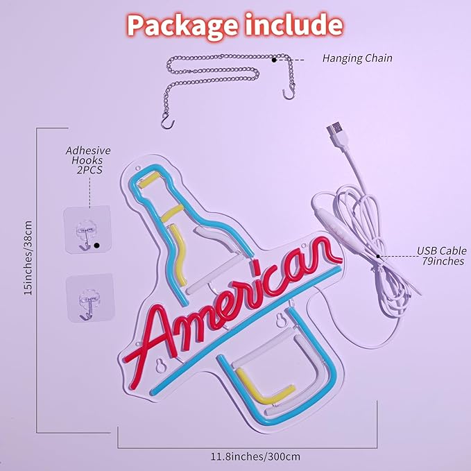 American Beer Neon Sign - Vintage Bottle LED Wall Light, Garage Bar Decor, Man Cave Lighting, Rustic Tavern Sign, USB Powered Neon for Game Room