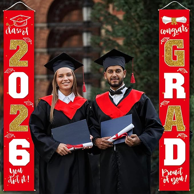 Graduation Decorations 2026 Banner Porch Sign Red Gold - Image 2