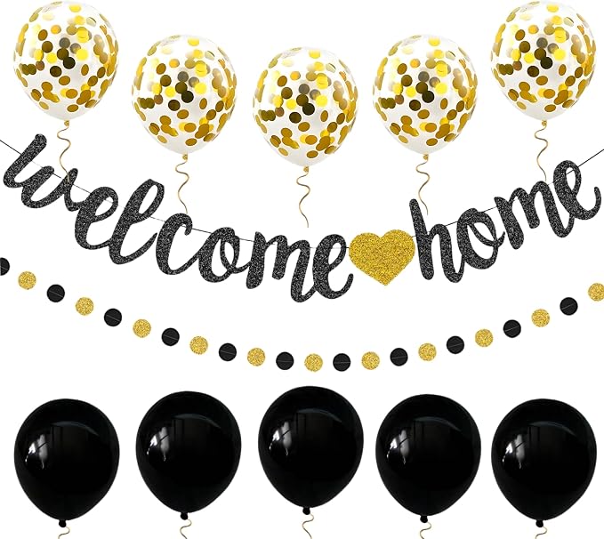 Welcome Home Decorations Set Glittery Black Gold Welcome Home Banner+2M by PEIQICHU