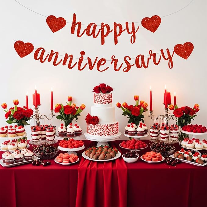 BEISHIDA Glitter Pre-Strung Red Happy Anniversary Banner Decoration | NO DIY - Image 5