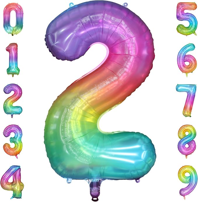 40 Inch Rainbow Number Balloon 2, Large Number Foil Balloons Mylar by PatiCool
