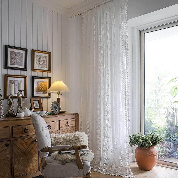 Sutuo Home White Crochet Boho Curtains 72 Inches Length, Sheer Lace Handmade - Image 3