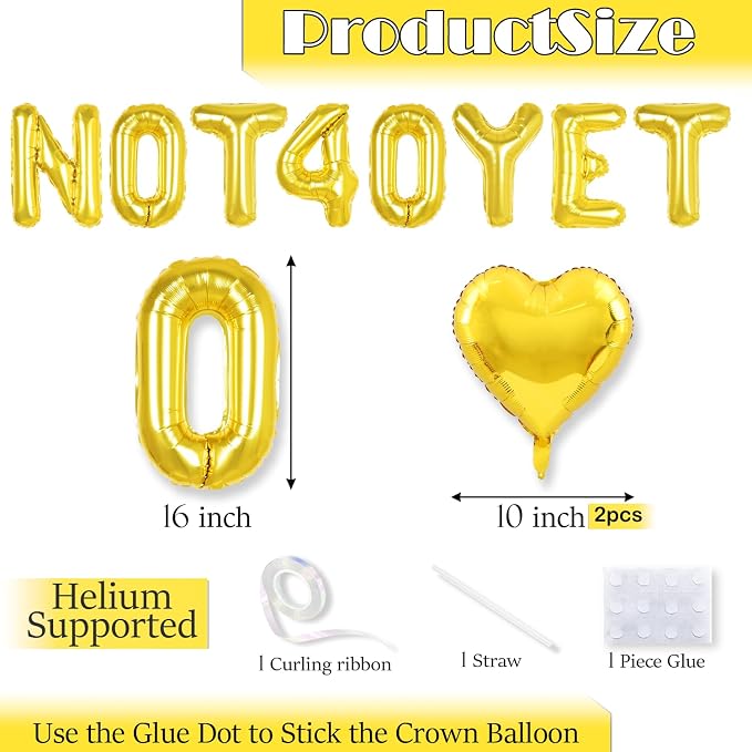 Gold Not 40 Yet Banner, 16 in letter NOT 40 YET Balloons 39th Birthday - Image 2