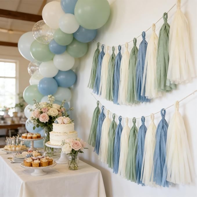 15PCS Dusty Blue Sage Green Ivory Party Tissue Tassel Garland Decorations - Image 3