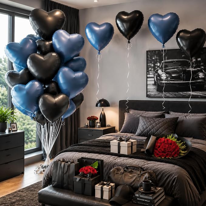 TONIFUL 15 Pack 18 Inch Matte Black and Dusty Blue Heart Foil Balloons Dark - Image 5