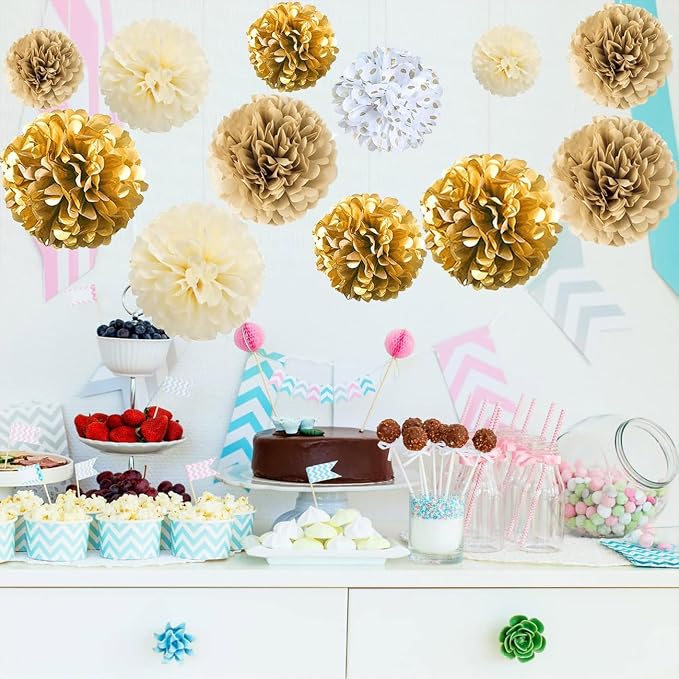 Gold White Party Decorations, Pompoms Flowers - Image 5
