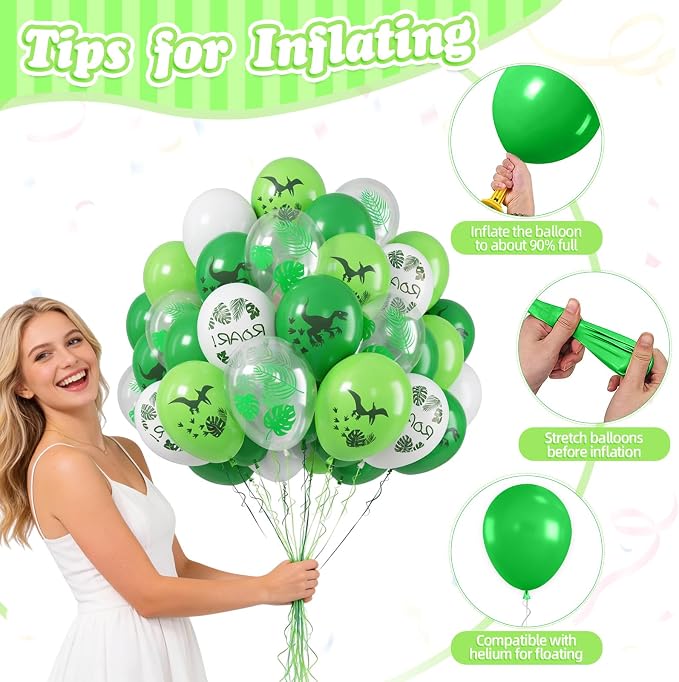 FunHot Dinosaur Balloons, 12 Inch Fruit Green White Latex Balloons, Leaf - Image 3