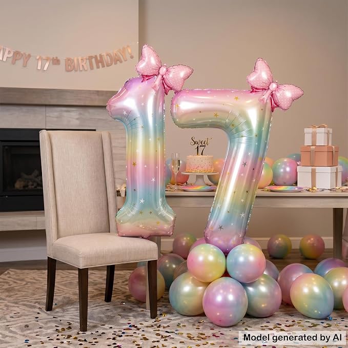 40" Giant Pastel Rainbow Number 17 Balloon Foil Pink Bow Decor Kit | - Image 4