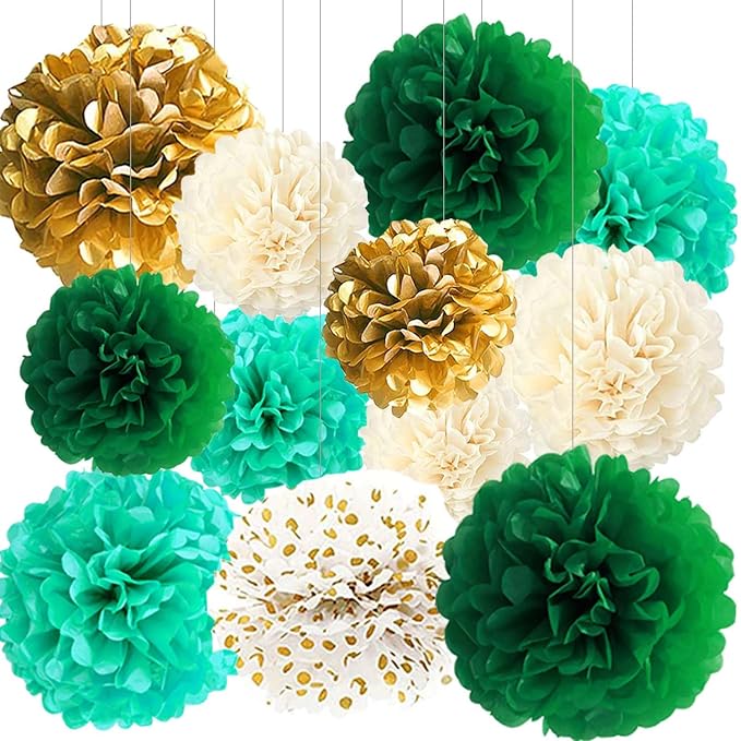 RZIKWT 12 Pcs Green Gold Gradient Wave Point Tissue Paper Pom Poms by Unknown