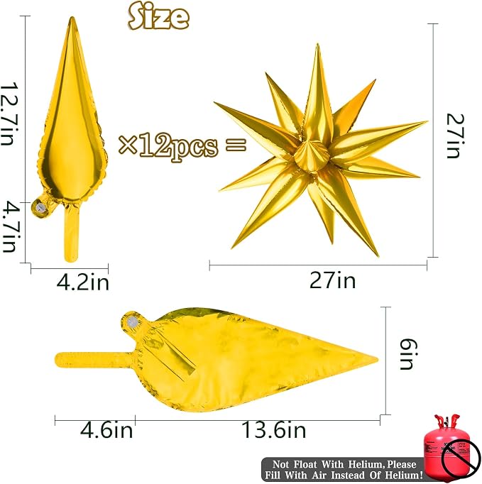 Star Foil Balloons 12 Point Cone Explosion Star Foil Balloons | 60 Pcs Gold - Image 2