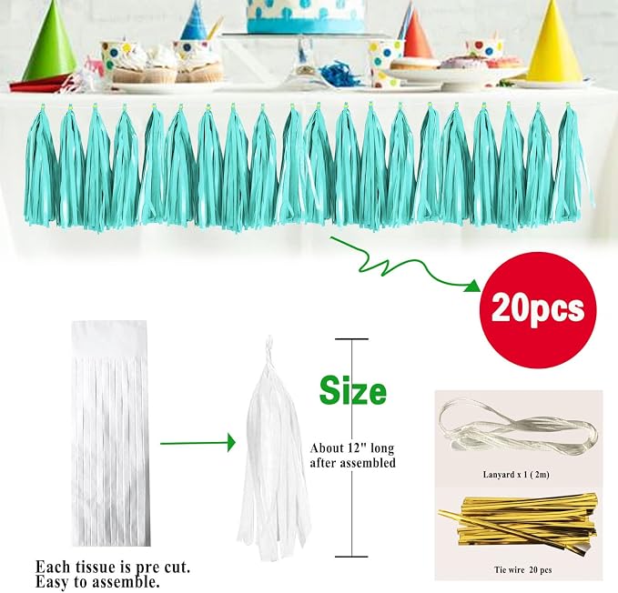 Light Blue Tassel Garland 20 Pcs, Tissue Paper Tassels Garland Banner - Image 2