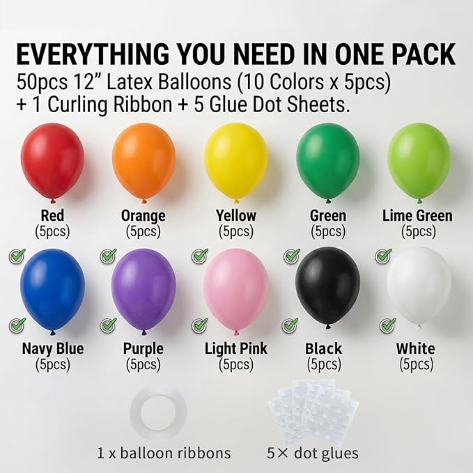 50pcs Assorted Rainbow Latex Balloons, 12 Inch Multicolor Balloons | Balloons - Image 2