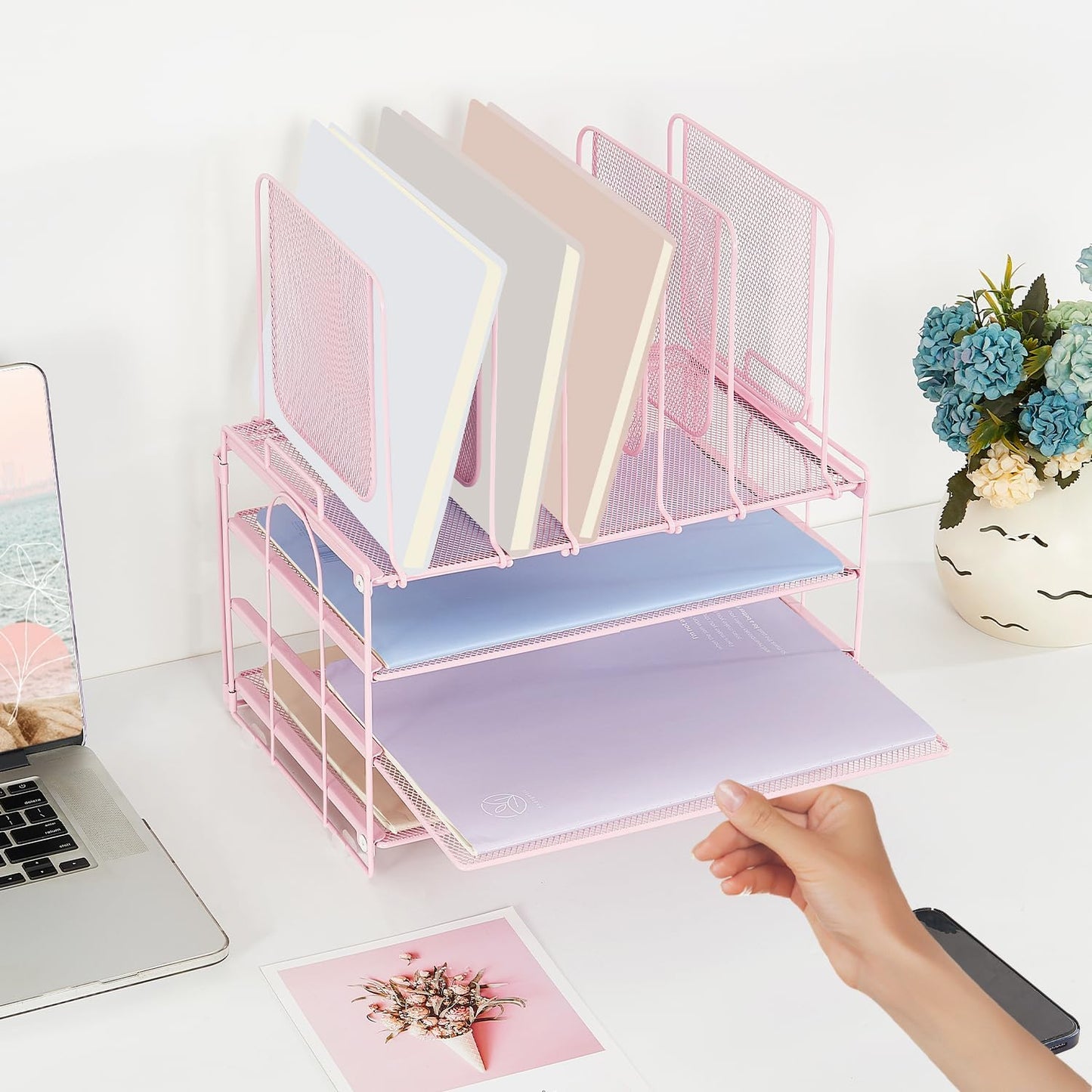 Paper Desk Organizer, 3-Tier Letter Tray with 5 Vertical File Holders, Multifunction Desktop Folder Organizers and Accessories for Home Office(Pink), LK-3CB