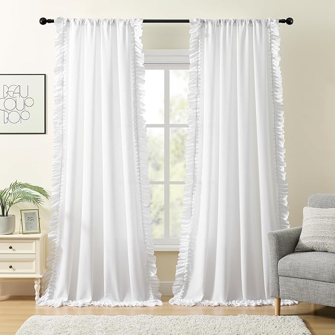 White Ruffle Curtains for Bedroom Ruched Edges 47 x 63 Inch, 2 Panels | Rod - Image 2