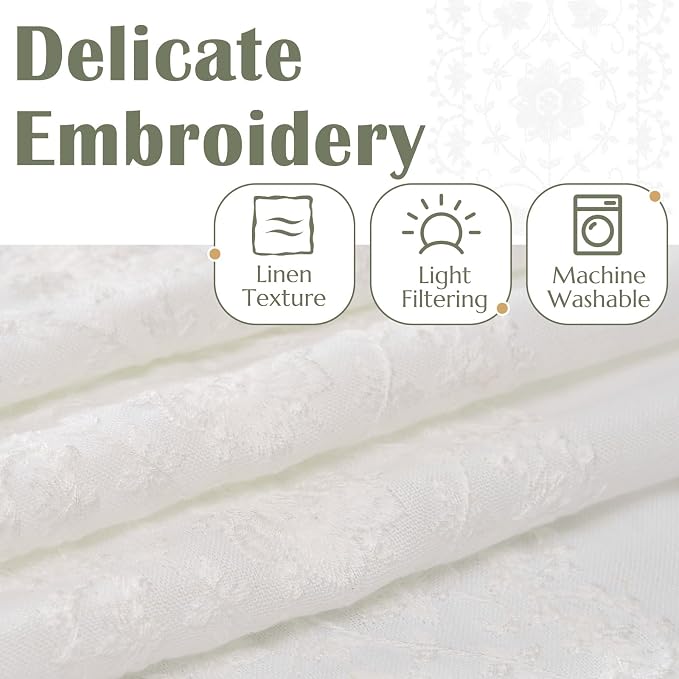 jinchan Floral Linen Curtains Embroidered Back Tab 50x96in 2 Panels White | - Image 4