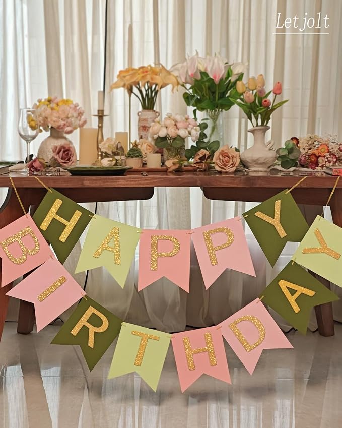 Letjolt Green Pink Happy Birthday Banner Handmade Girls Party 13pcs | Birthday - Image 4