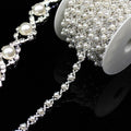 1 Yard Pearl Trim Chain Rhinestone Silver String Crystal Applique Fringe Ribbon Strips Beads Sewing Dress DIY Party Wedding Bouquet for Decoration Bridal Costume Embellishment