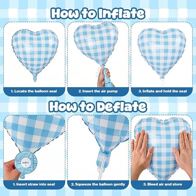Blue Checkered Heart Balloons, 18 Inch Pastel Blue and White Gingham Heart - Image 8