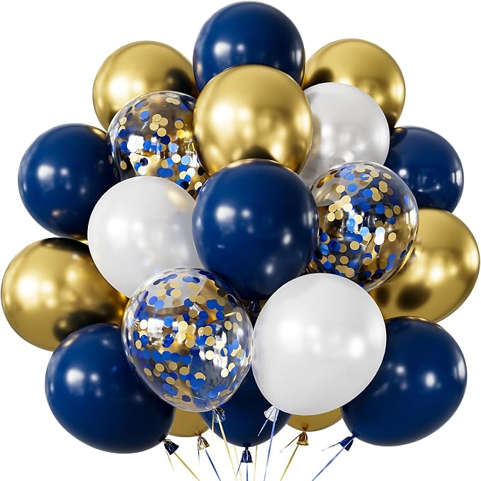 Navy Blue and Gold Balloons, Party Decor | Dark Blue Metallic Gold White by Haolongfa