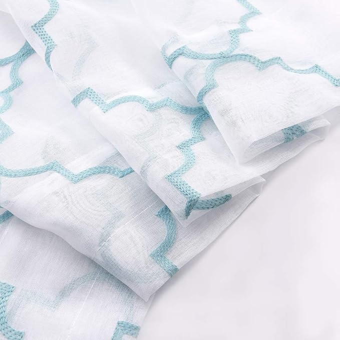 Embroidery Sheer Curtains Blue 95 Inches Long, Window Treatments Rod Pocket Drapes for Living room, Bedroom, Moroccan Design Crinkle Voile Curtain Panels for Yard, Villa, Parlor, Set of 2, 52"x 95".