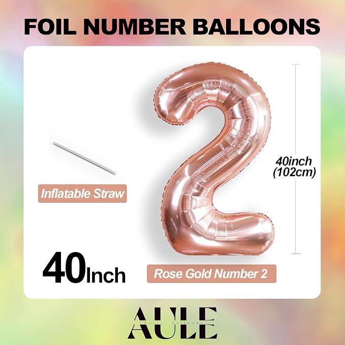 AULE 40 Inch Rose Gold 2 Balloon Number Foil 0-9 Birthday Big Numbers | - Image 3