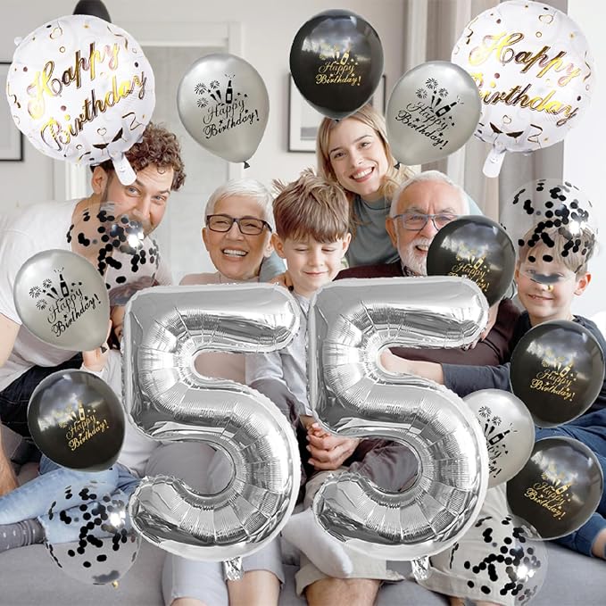 45th Birthday Decoration Silver Number 45 Balloon Set Black & gray Star Foil - Image 4