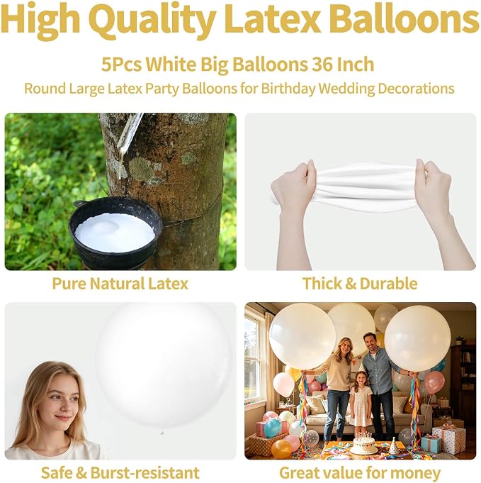 5Pcs White Big Balloons 36 Inch, Round Large Latex Party Balloons - Image 2