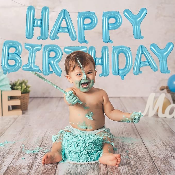 TONIFUL 16 Inch Light Blue Happy Birthday Balloons Banner Decor - Image 4
