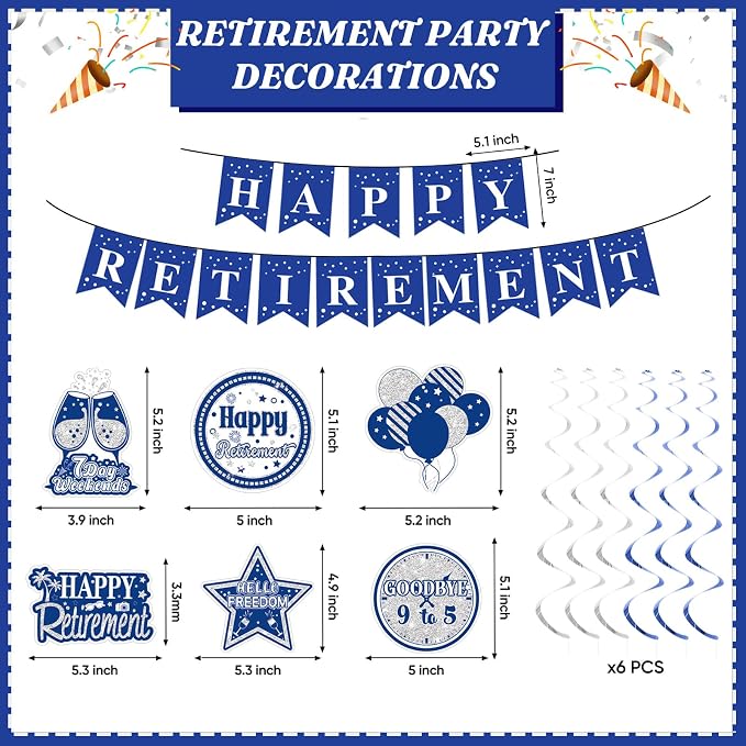 Retirement Party Decorations for Men Women Blue Silver Happy Retirement Banner - Image 2