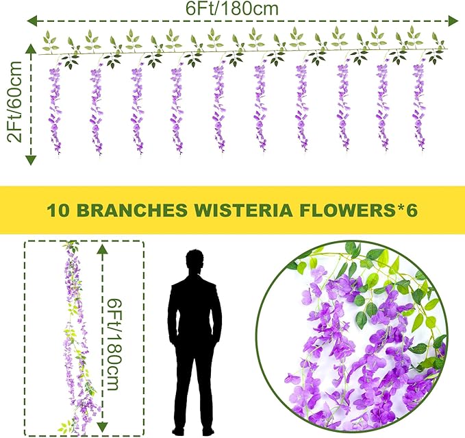 Wisteria Artificial Flowers Garland，10Pcs Total 60ft Silk Fake White Wisteria Flowers Hanging for Home Garden Wedding Arch Party Indoor Outdoor Decor(10,Purple)