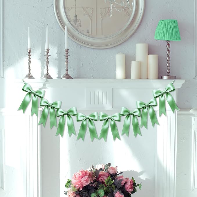 1 String of 8PCS Sage Green Bow Garland Banner Decoration, Pre-Strung Satin - Image 8