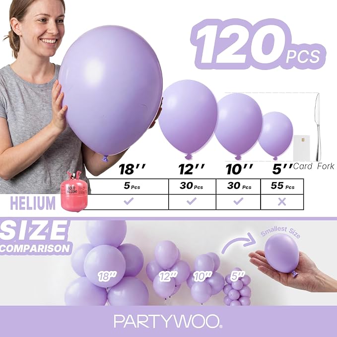 PartyWoo Lavender Balloons 120pcs Light Pastel Purple Lilac Color | 18 12 10 5 - Image 6