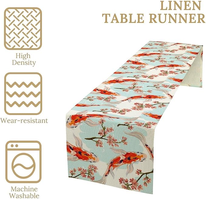 Japanese Kio Fish Table Runner Cherry Flower Art Printed Burlap Runner Home Kitchen Dining Table Living Room Decor Fabric 1 Panel W13xL108in