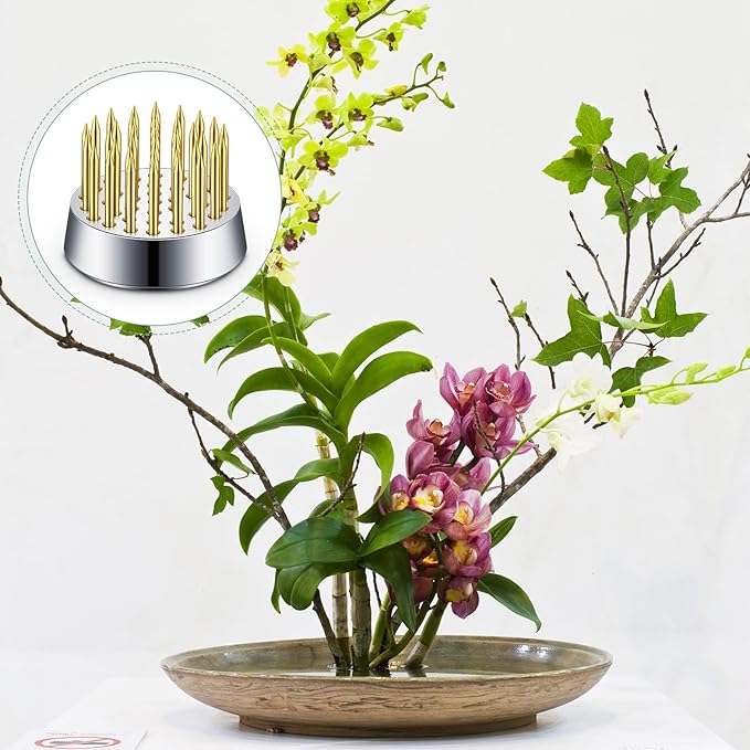 Kritkin 24 Pieces Flower Frogs Holder Mini Floral Round Flower Japanese Arranger Fixed Pin Holder for Arrangements Floral Plant Small Vase Ikebana Decoration Supplies Plant Fixation(0.9 Inch,Gold)