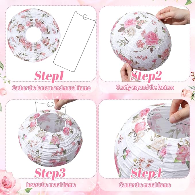Honoson 12 Pcs Pink Rose Paper Lanterns Spring Floral Party Decorations Hanging - Image 6