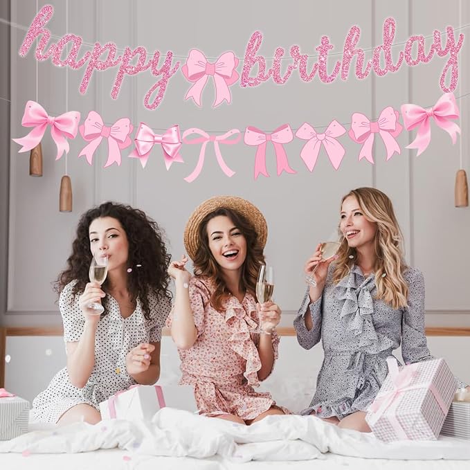 2pcs Glitter Pink Bow Party Banner Pre-Strung Happy Birthday Decorations Bow - Image 5
